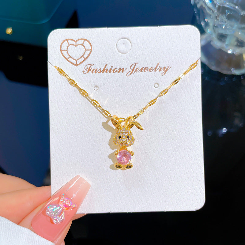 Luxury Rabbit Pendant Clavicle Chain in Titanium Steel with Cubic Zirconia Inlay and Gold Plating