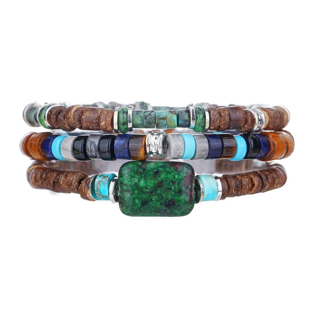 Vintage Streetwear Geometric Natural Stone and Wood Beaded Bracelet Set