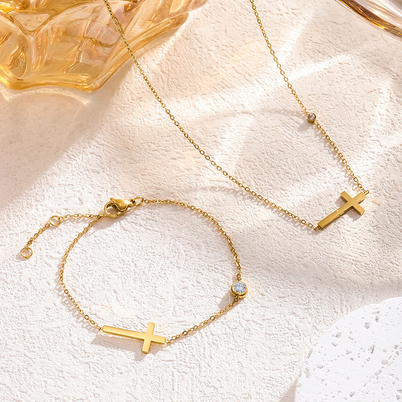 Casual 18K Gold Plated Stainless Steel Cross Necklace with Cubic Zirconia for Women