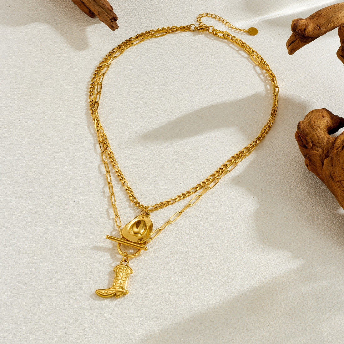 Vintage Western Cowboy Gold Plated Stainless Steel Double Layer Hat and Boot Pendant Necklace with OT Clasp for Women