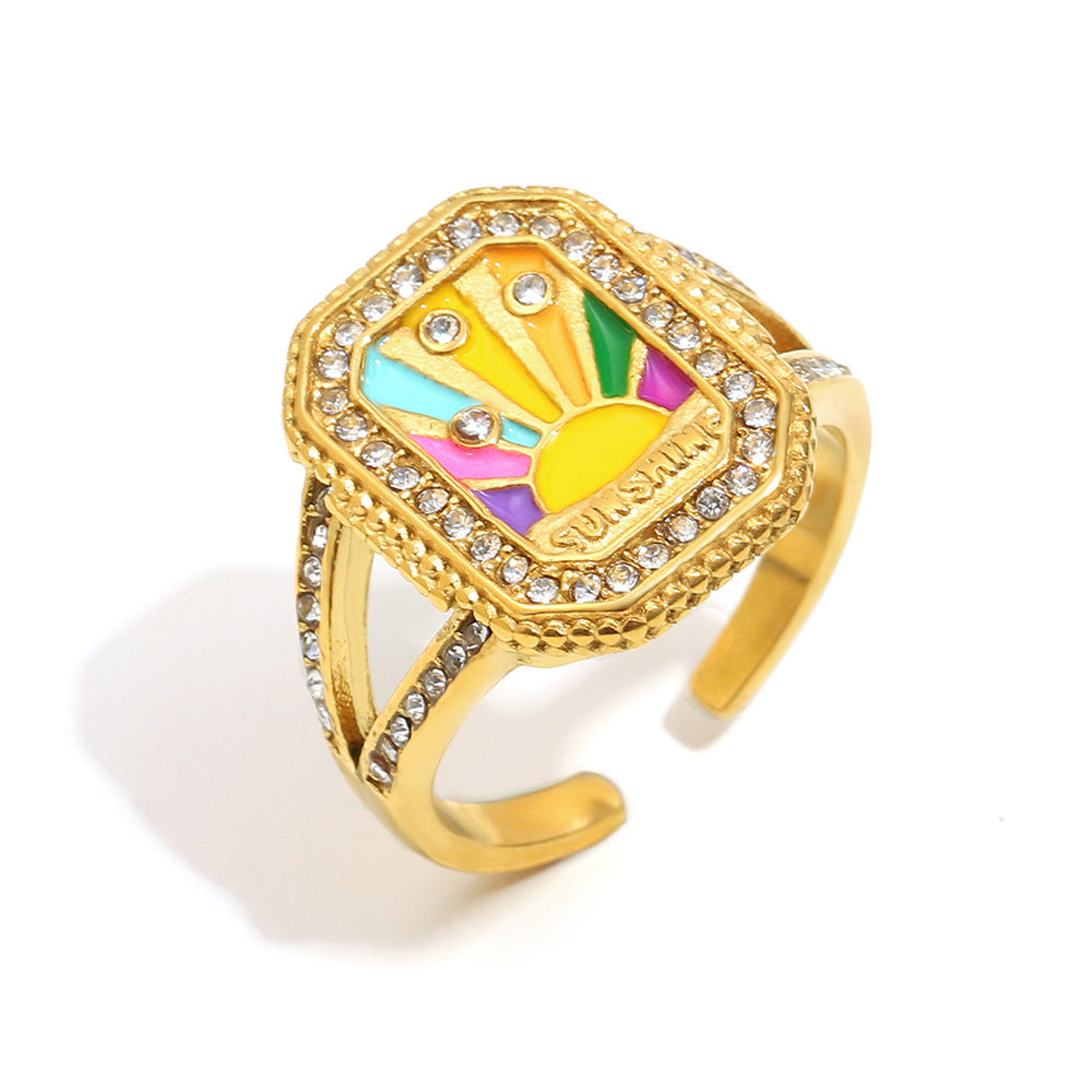Anello da donna in acciaio inossidabile con placcatura in oro 18 carati e finitura smaltata, stile geometrico francese vintage