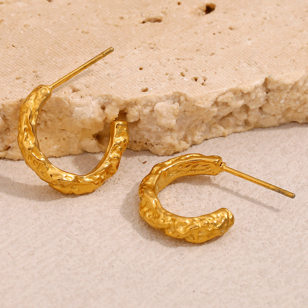 Minimalist Geometric Stainless Steel Earrings with 18K Gold Plating and Hammered Texture for Women