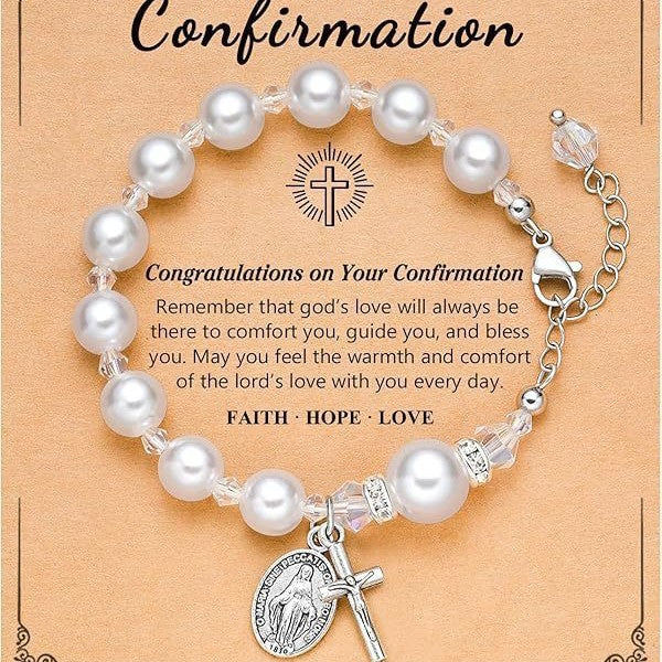 8mm Artificial Pearl Alloy Cross and Oval Pendant Bracelet for Women