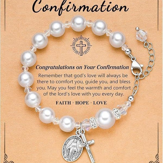 8mm Artificial Pearl Alloy Cross and Oval Pendant Bracelet for Women