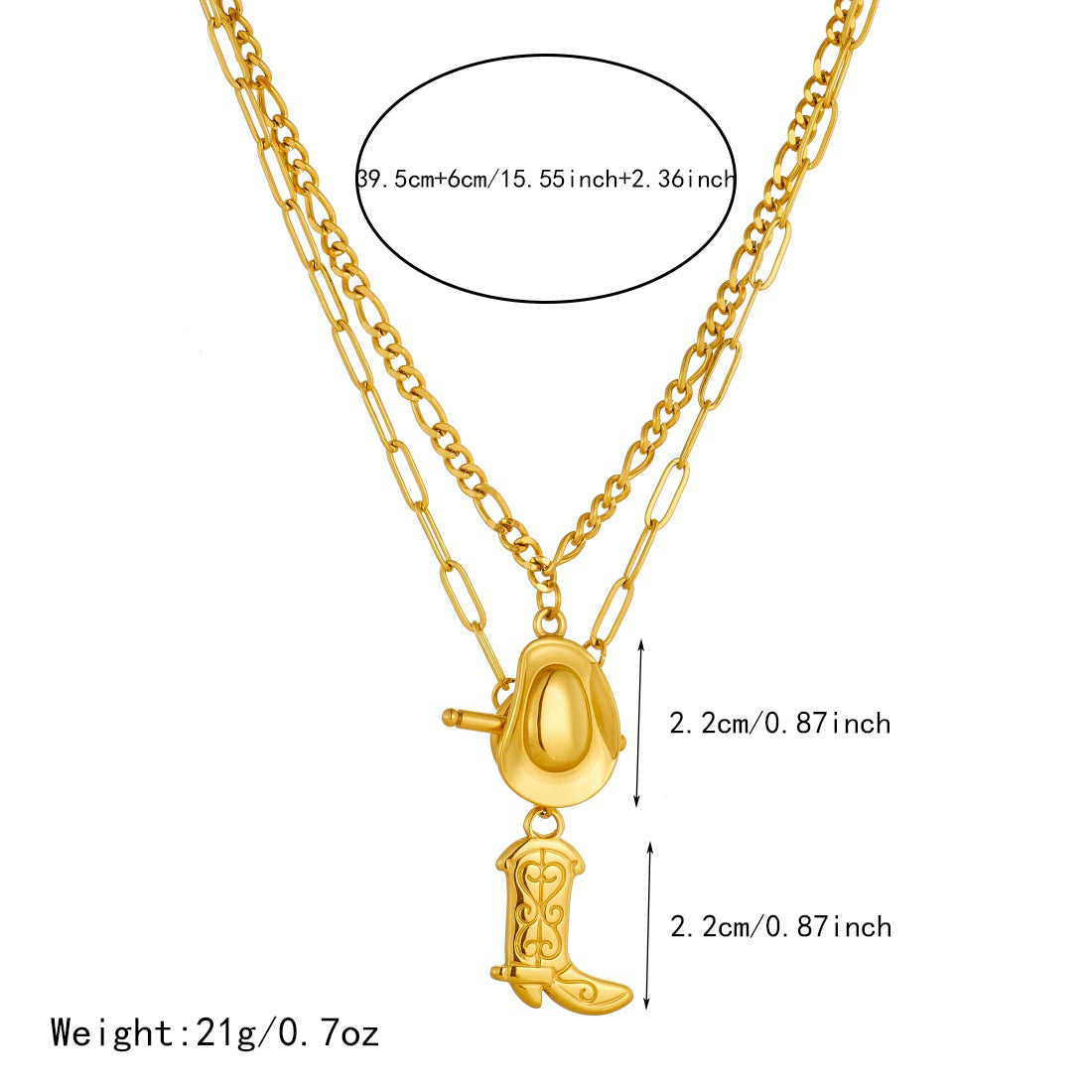 Vintage Western Cowboy Gold Plated Stainless Steel Double Layer Hat and Boot Pendant Necklace with OT Clasp for Women