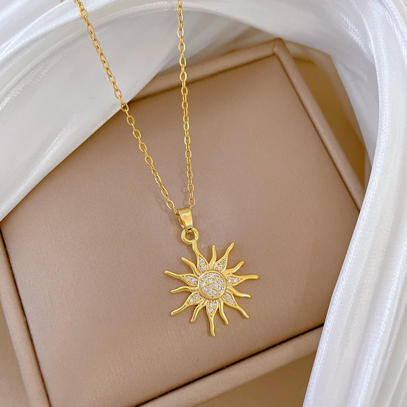 Minimalist Sunflower Pendant Necklace for Women Stainless Steel Geometric Locket Chain with Rhinestone Inlay