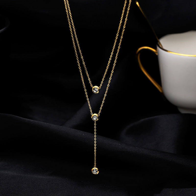 Minimalist Geometric Titanium Steel Double Layer Necklace with Rose Gold Plating and Delicate Pendant