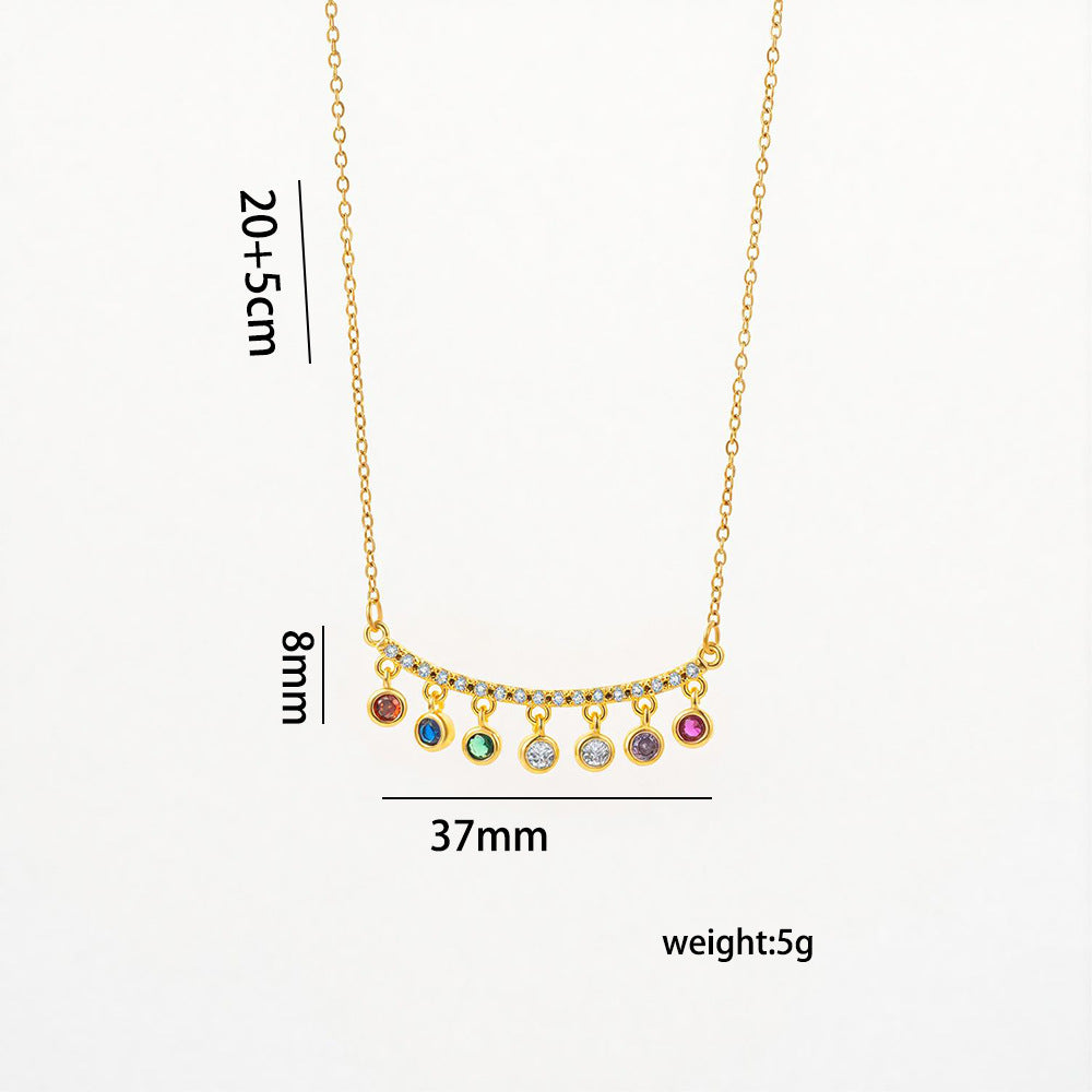 Minimalist Light Luxury Round Rainbow Zircon Geometric Pendant 18K Gold Plated Copper and Titanium Steel O Chain Necklace for Women