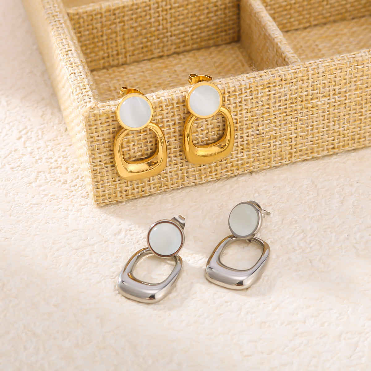 INS Style Geometric Cat's Eye Stone Pendant Earrings with 18K Gold Plated Stainless Steel and Ceramic Posts, Double-Hoop Design, Polished Finish