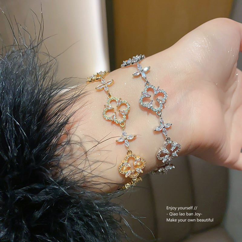 Elegant Floral Cubic Zirconia Inlaid Brass Bracelet for Women