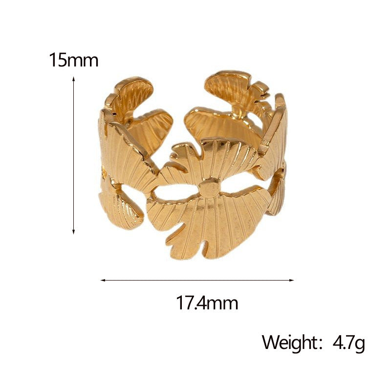 Minimalist 18K Gold Plated Stainless Steel Ginkgo Leaf Open Ring for Women