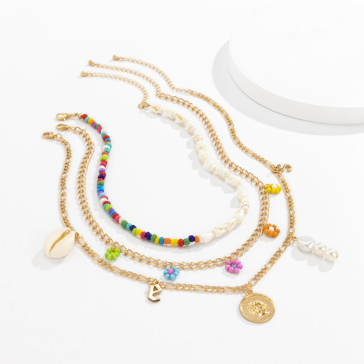Vintage Bohemian Geometric Letter Daisy Shell Imitation Pearl Beaded Necklace for Women