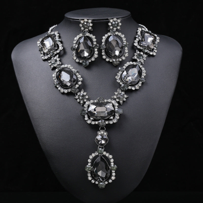 Exaggerated Vintage Alloy Necklace and Earring Set with Artificial Gemstone Inlay and Ruyi Lock Pendant for Women