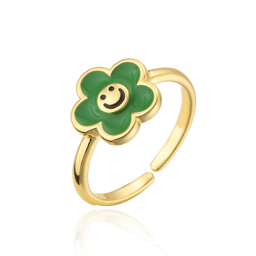 Fashion Drip Oil Gold Plated Brass Geometric Flower Open Ring for Women