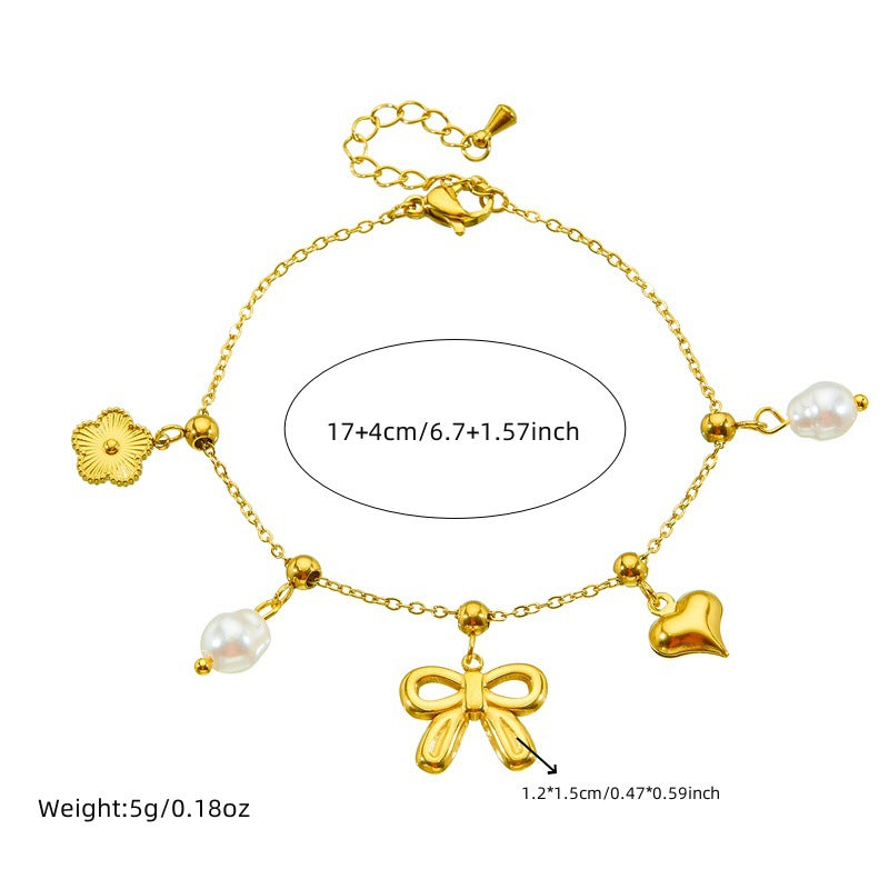 Fashion Elegant Heart Bow Drip Oil Pearl Stainless Steel Bracelet