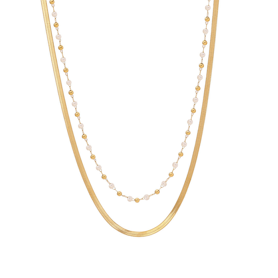 Fashion OL Style Double Layer Stainless Steel Necklace with Pearl Accents for Women
