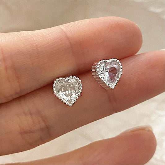 Minimalist Heart-Shaped 925 Sterling Silver Stud Earrings with Zircon Inlay and Plated Finish