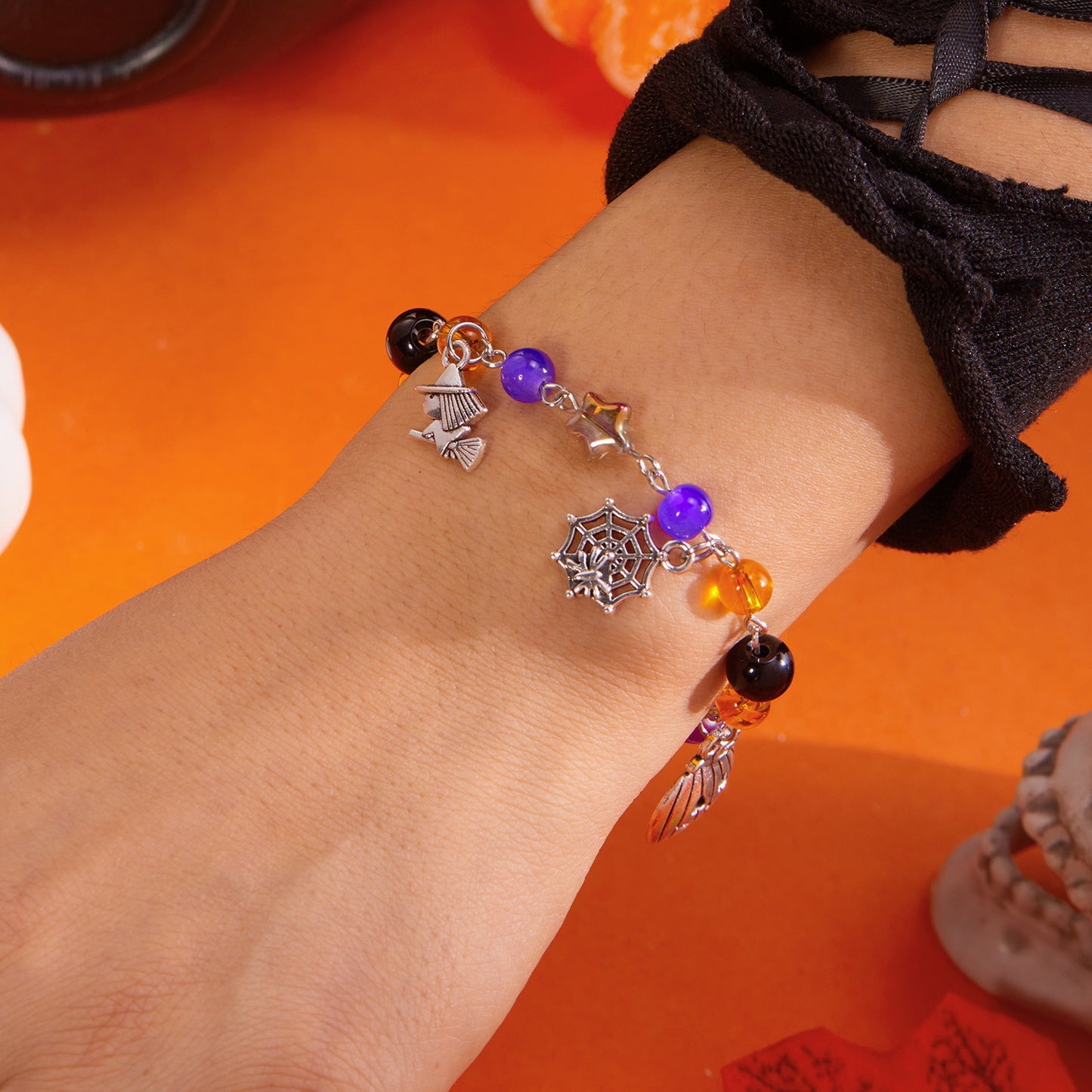 Pulsera con abalorios de araña y calabaza de Halloween gótica oscura para mujer, diseño geométrico de aleación, joyería hecha a mano