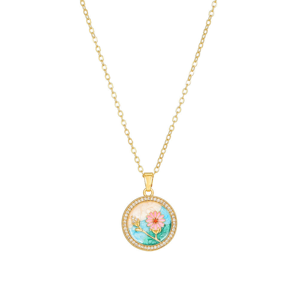 Elegant Drip Oil Floral Brass Gold Plated Necklace with Cubic Zirconia Inlay Cable Chain