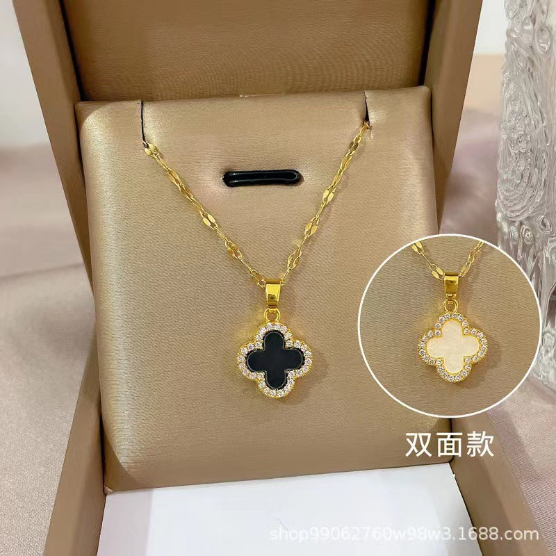 Luxury Double-Sided Black and White Four Leaf Clover 18K Gold Plated Titanium Steel Necklace for Women