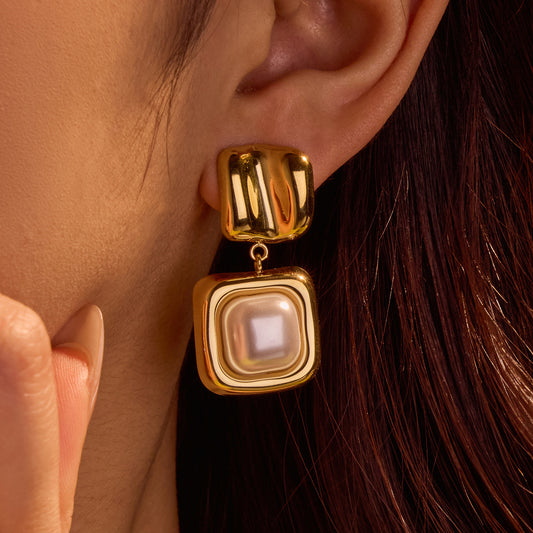 Orecchini da donna con perle irregolari a quadrato geometrico vintage francese, in acciaio inossidabile placcato oro 18 carati, gioielli di lusso, minimalisti e alla moda