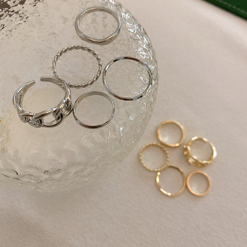 Minimalist Geometric Alloy Ring Set with Plating Finish for Women Five-Piece Fashion Finger Rings