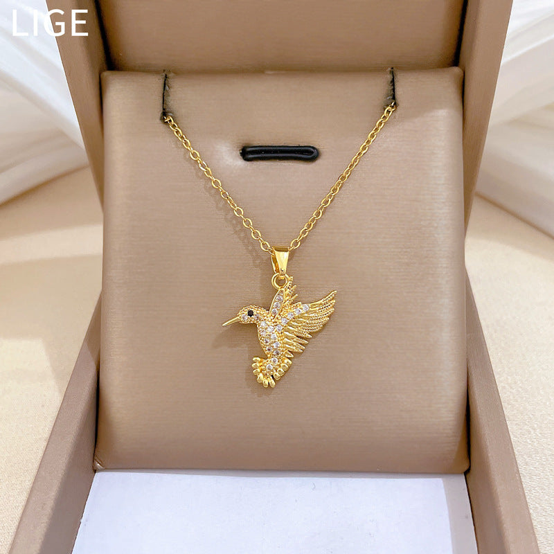 Sweet Minimalist Gold Plated Titanium Steel Bird Necklace with Rhinestone Inlay on Cable Chain for Unisex