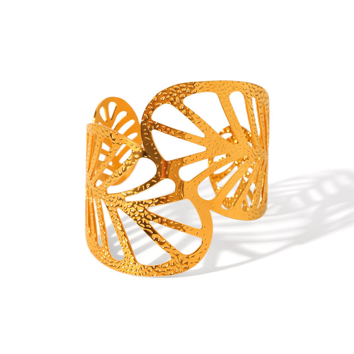 Trendy 18K Gold Plated Stainless Steel Open Cuff Bracelet with Hollow Leaf Flower Bowknot Design