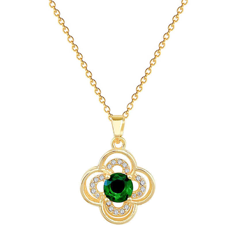 Sweet Minimalist Geometric Rhinestone Clover Pendant Titanium Steel Necklace for Unisex