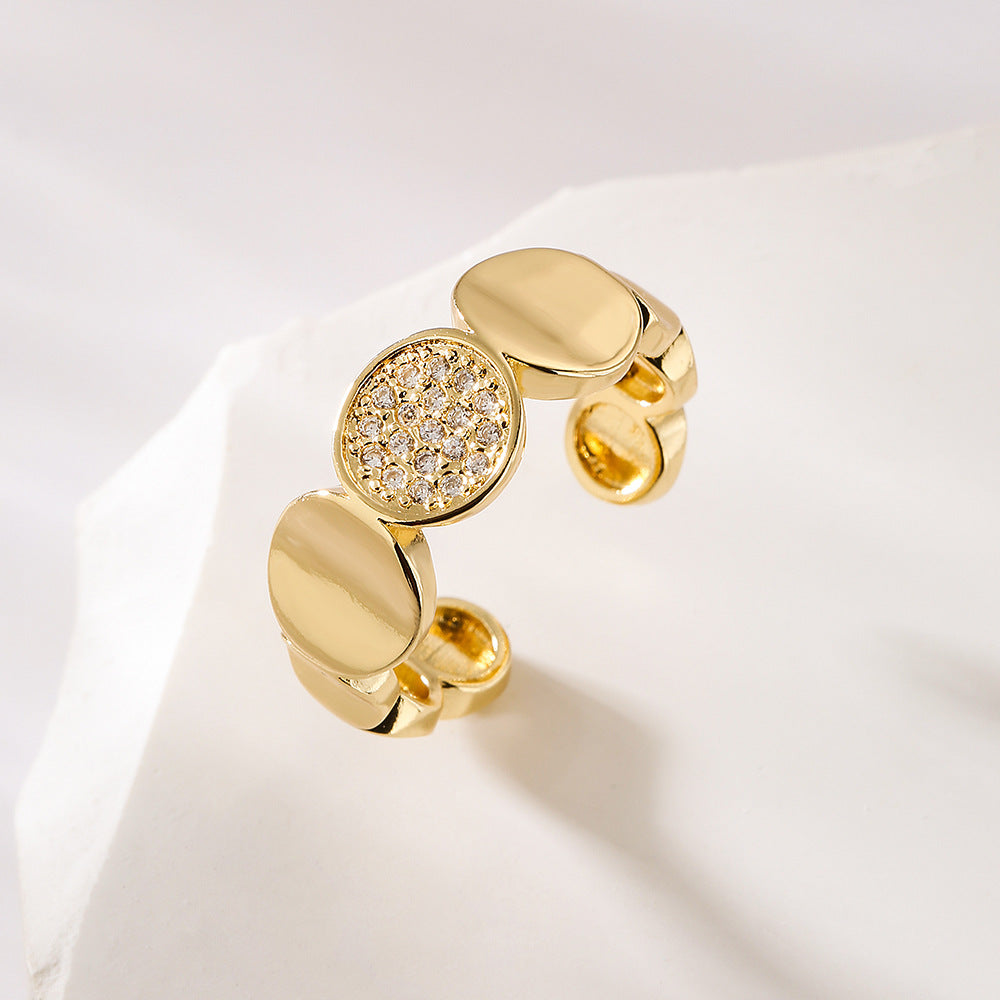 Geometric Open Ring for Women with Copper Base Plated in 18K Gold and Micro-Paved Zirconia