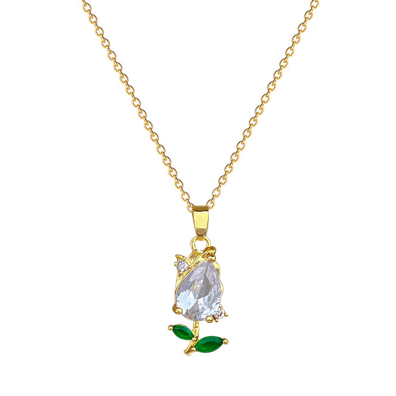 Collana di Lusso con Pendente a Tulipano Geometrico in Acciaio al Titanio per Donna con Intarsio di Strass, Catena Regolabile in Acciaio al Titanio, Elegante Gioiello per Clavicola