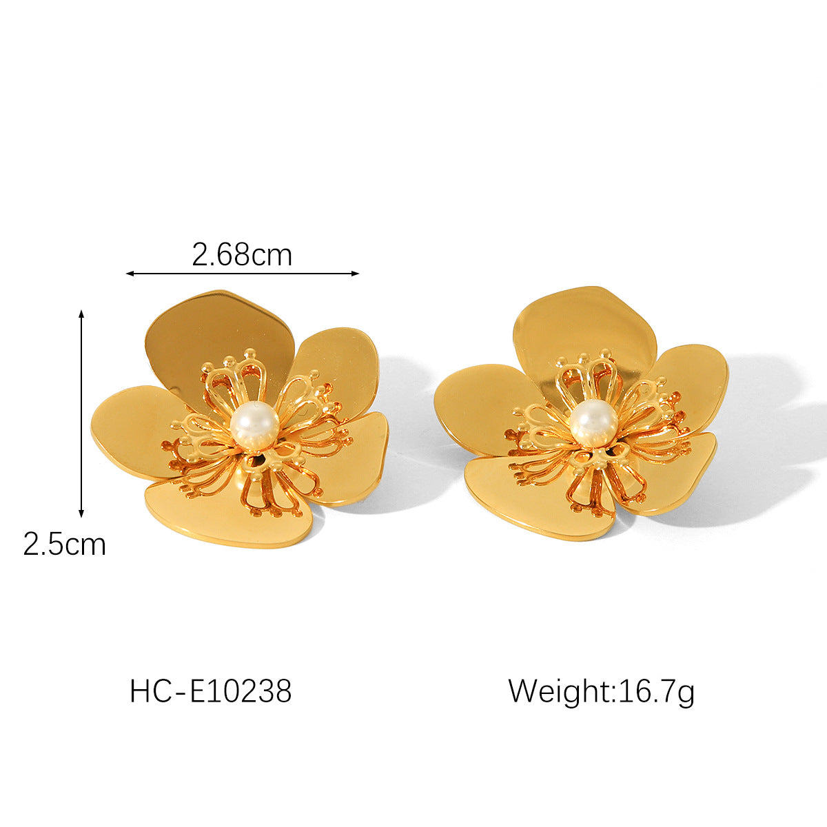 Vintage French Style 18K Gold Plated Stainless Steel Flower Pearl Stud Earrings for Women