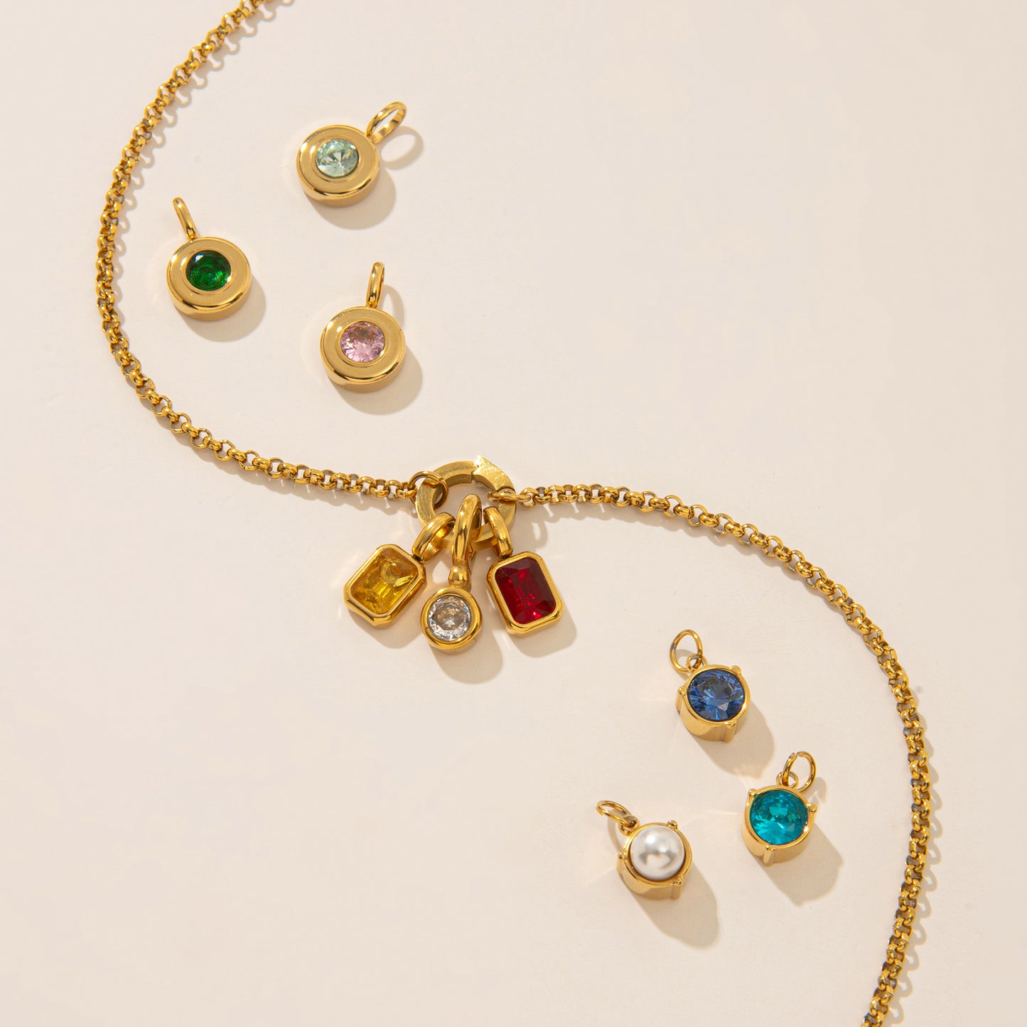 Vintage Geometric Stainless Steel 18K Gold Plated PVD DIY Charm Bar Necklace with 12 Birthstones