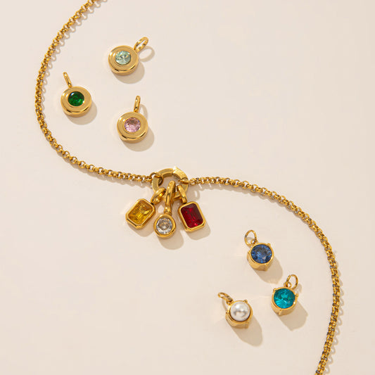 Vintage Geometric Stainless Steel 18K Gold Plated PVD DIY Charm Bar Necklace with 12 Birthstones