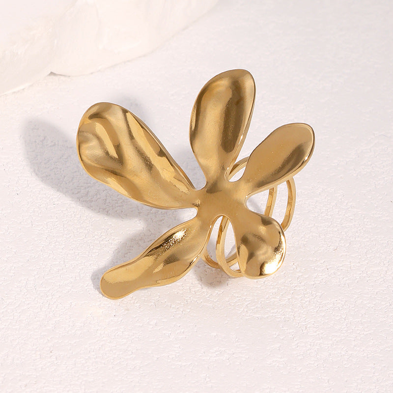 Minimalist 18K Gold Plated Stainless Steel Flower Petal Open Ring for Women