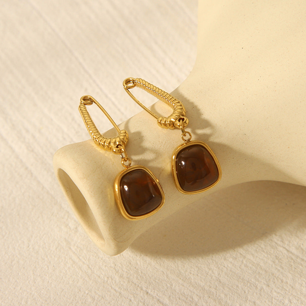 Vintage French Style Geometric Natural Stone Earrings 18K Gold Plated Stainless Steel for Women