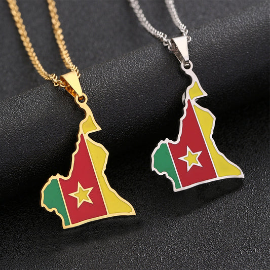 Ethnic Style Geometric Cameroon Map Pendant Necklace in Stainless Steel with Enamel Finish for Unisex Wear