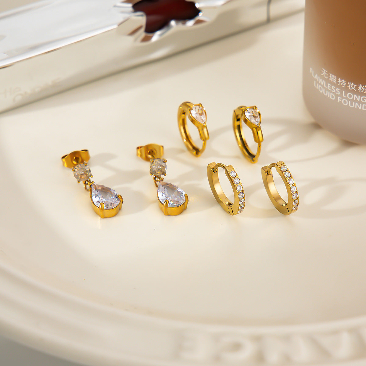 Luxury Elegant Teardrop Geometric PVD Stainless Steel Cubic Zirconia Earrings for Women