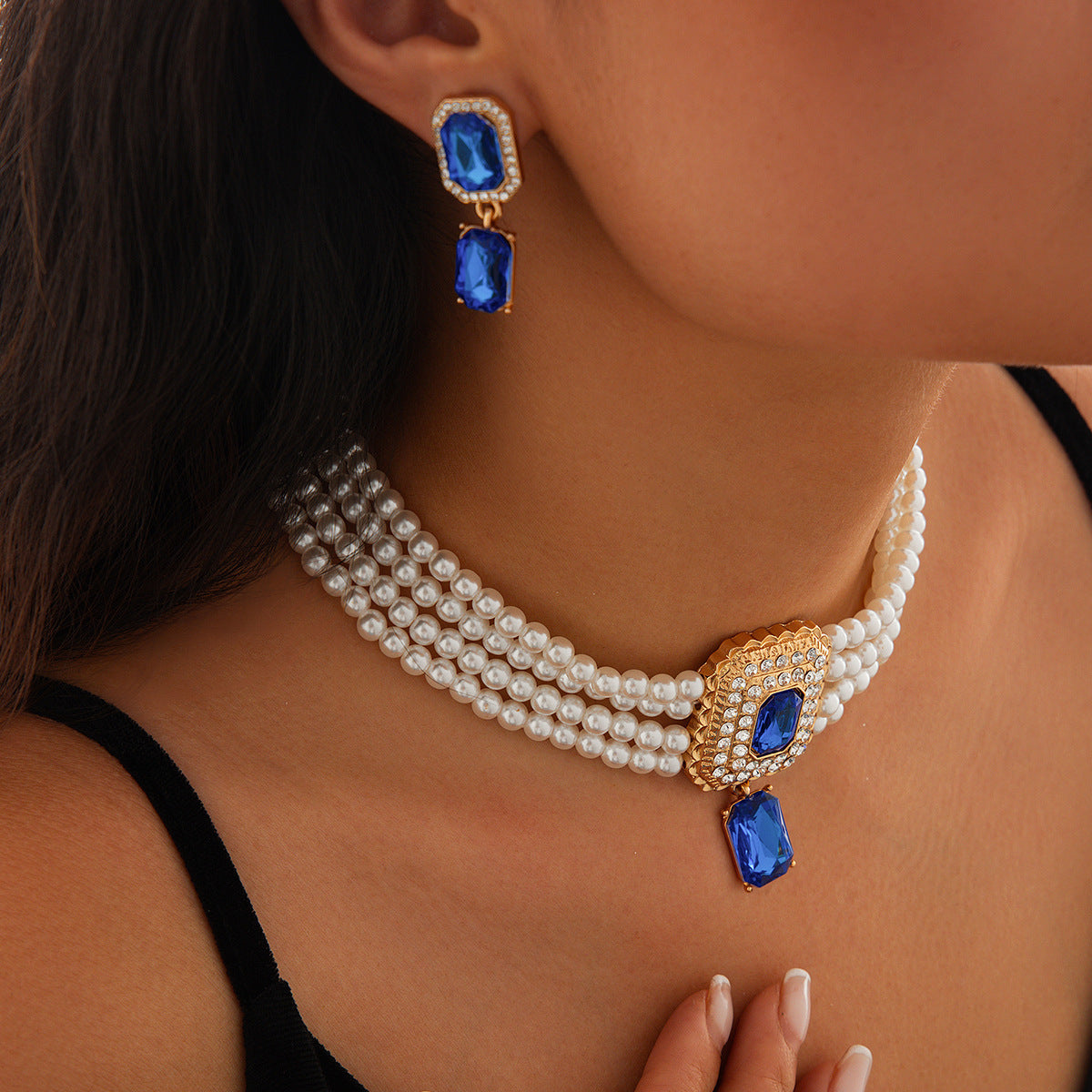 Luxury Multi-Layer Geometric Imitation Pearl Necklace and Earring Set with Triangle and Heart Charms for Women