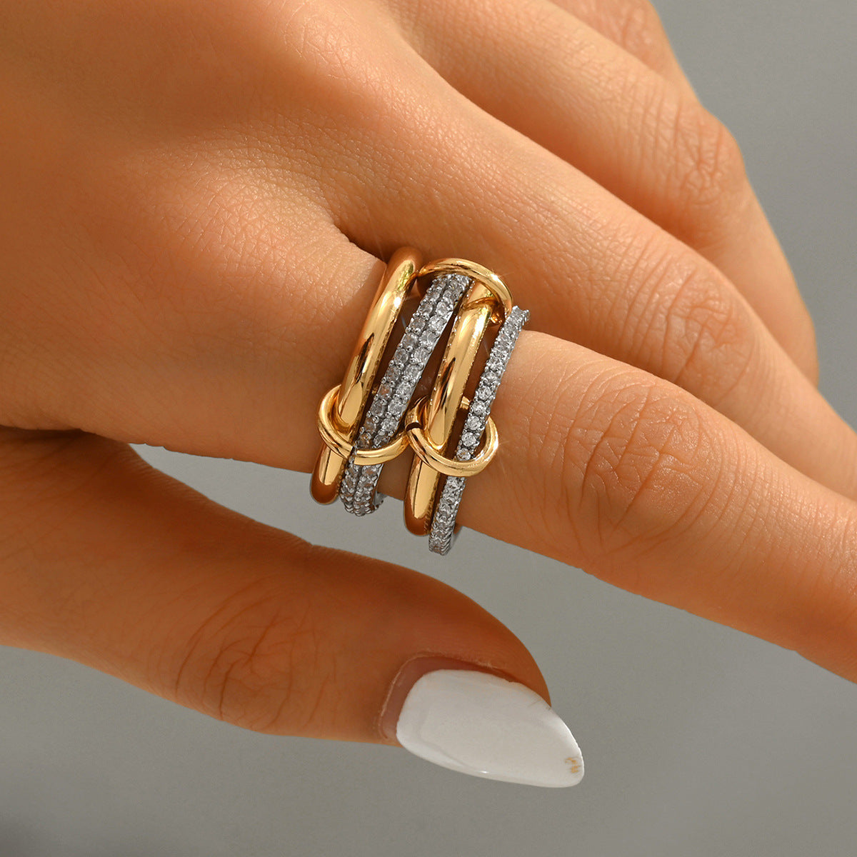 Minimalist Geometric Stackable Ring for Women with Rhinestone Inlay and Circular Hoop Design in Copper