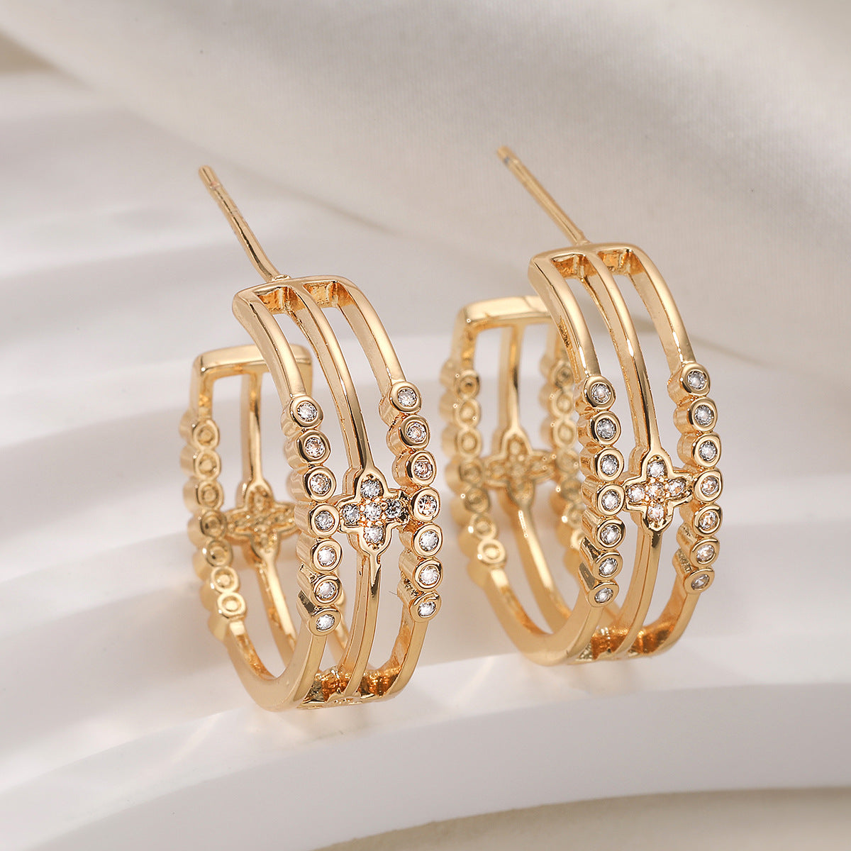 Vintage 18K Gold Plated Geometric Brass Hoop Earrings with Cubic Zirconia for Women