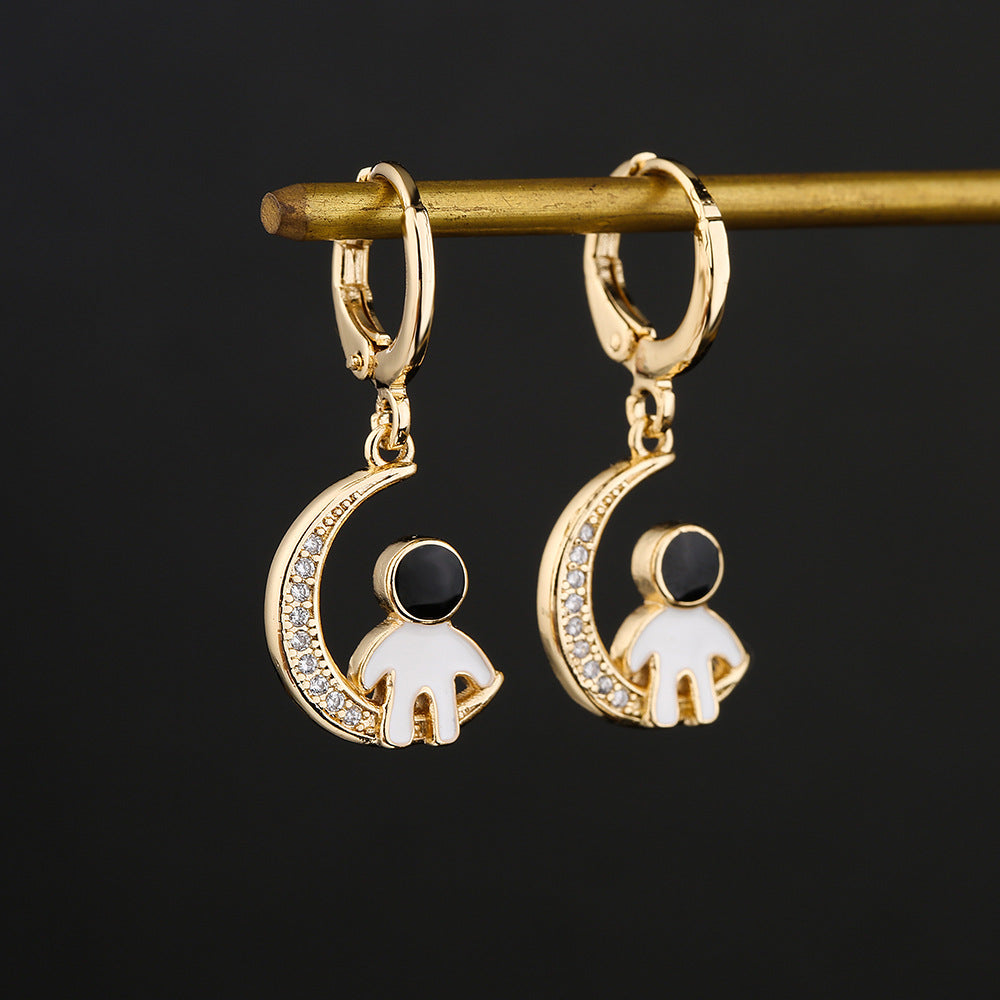 Minimalist Moon Astronaut Shaped Earrings in Copper with 18K Gold Plating and Enamel Finish for Women