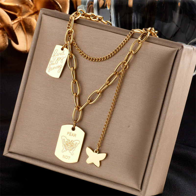 Fashionable Irregular Geometric Heart-Shaped Titanium Steel Plated Gold Multi-Layer Necklace for Women