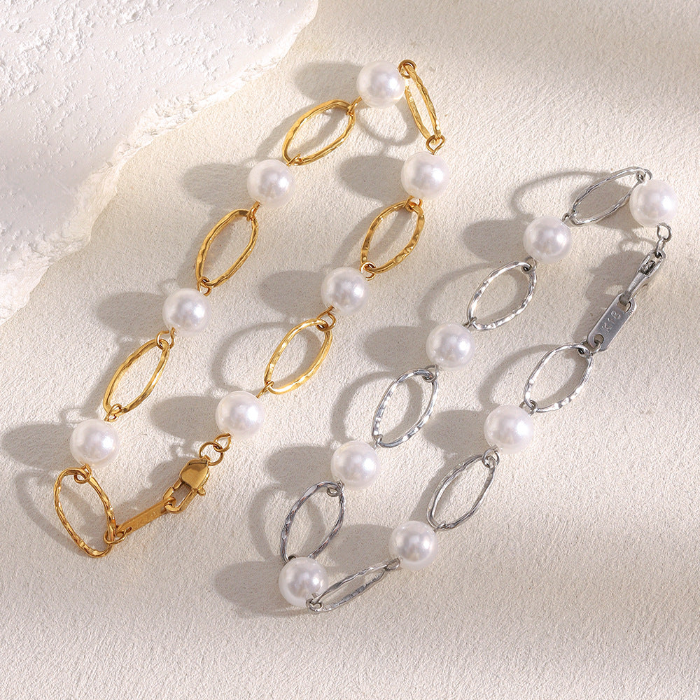 Bracciale da donna in acciaio inossidabile placcato oro 18 carati con perle finte, geometrico e minimalista