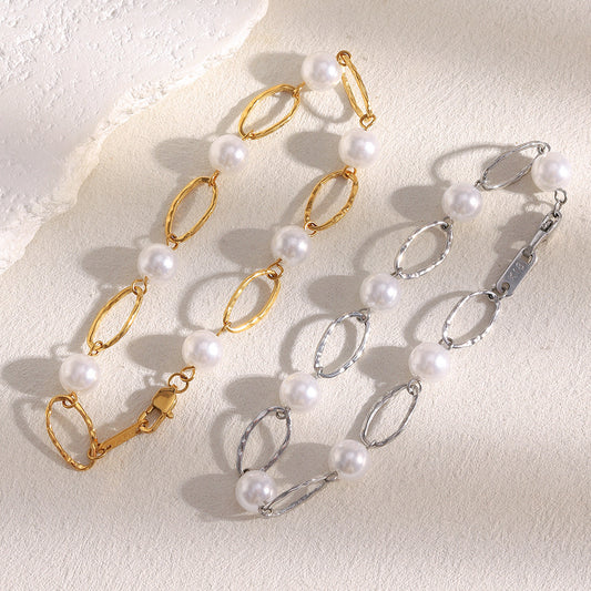 Bracciale da donna in acciaio inossidabile placcato oro 18 carati con perle finte, geometrico e minimalista