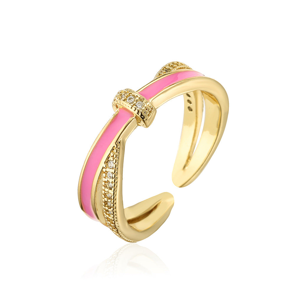 Minimalist Geometric Open Ring for Women in Copper with 18K Gold Plating and Enamel Finish, Set with Zircon