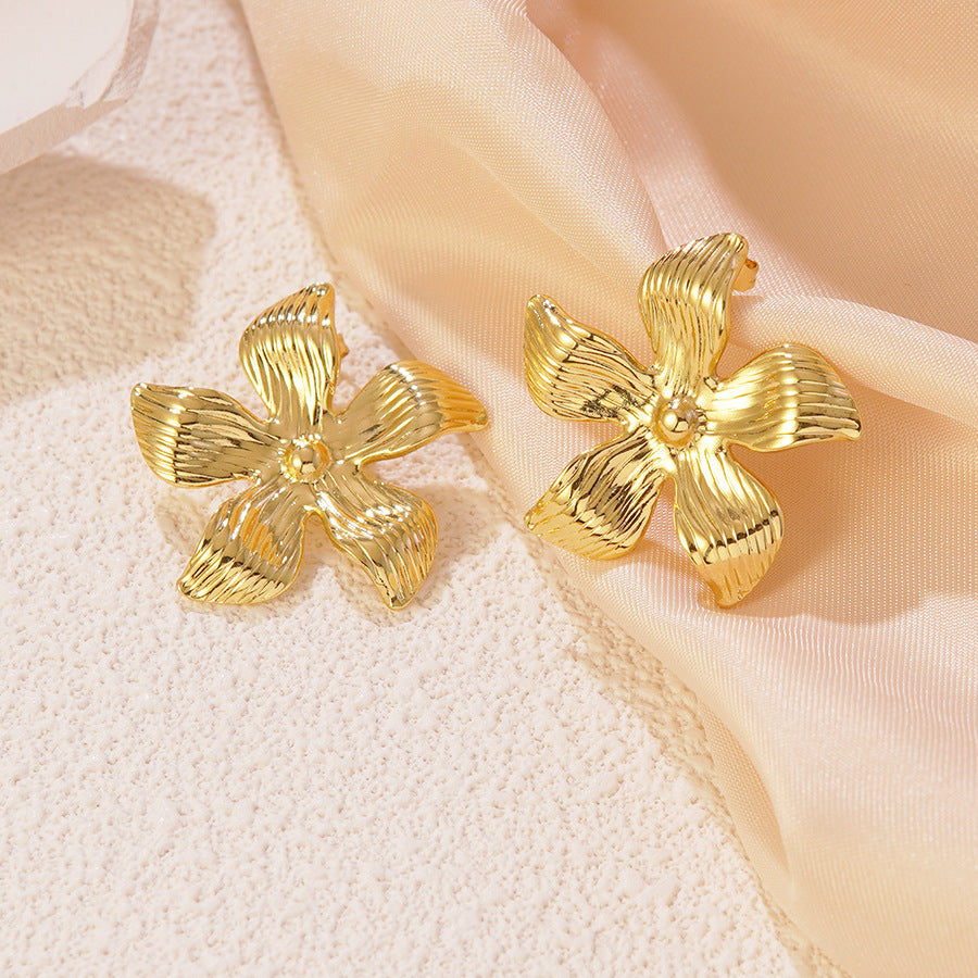 Luxury Floral Stainless Steel Stud Earrings with Pearl Inlay for Women