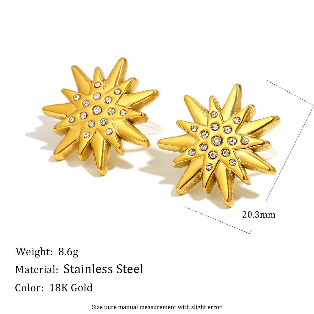Fashionable Geometric Stainless Steel Plated 18K Gold Zircon Flower Pearl Clip-On Earrings for Women