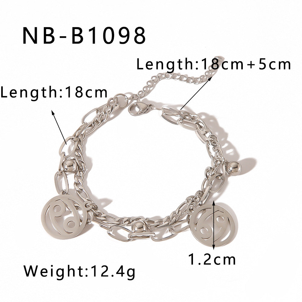 INS Style Zodiac Bracelet with Double Layer Cuban Link Chain Stainless Steel Pendant and 18K Vacuum Plated Finish