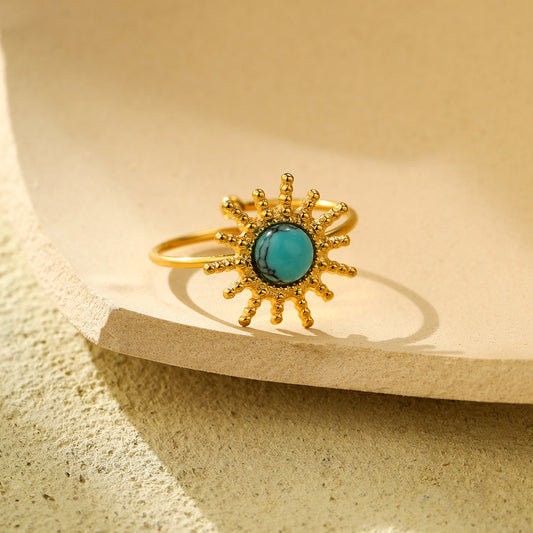 Vintage 18K Gold Plated Stainless Steel Turquoise Sun Pattern Adjustable Open Ring for Women